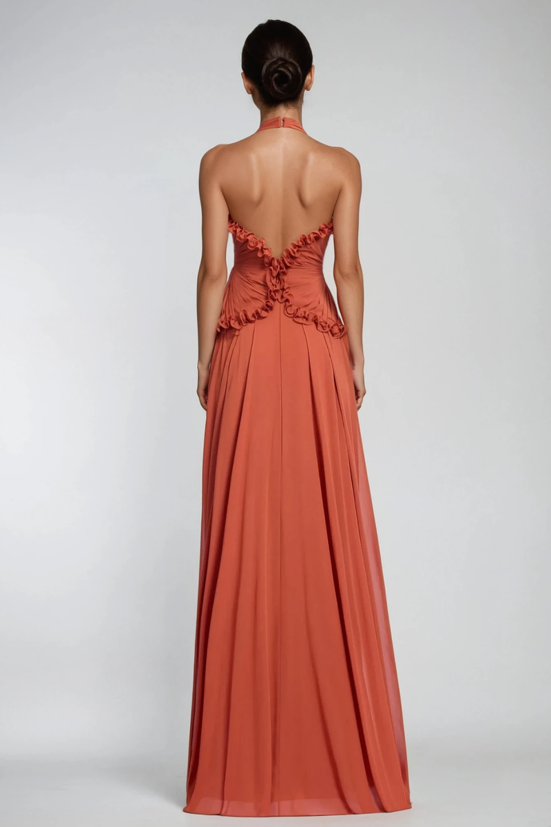 Dekel Halter Neck Ruffle Maxi Dress in Orange
