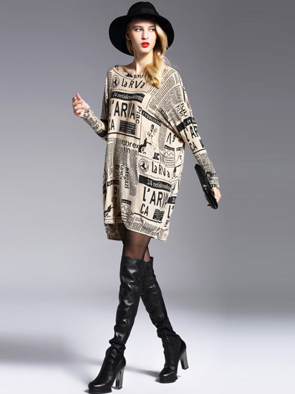 Loose One-shoulder Newspaper Printed Split-joint Sweater