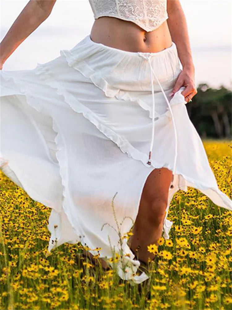 White Ruffled Patchwork Long Skirt See-through for Split Summer Beach Holiday Maxi Skirt ’s Y2k Skirt