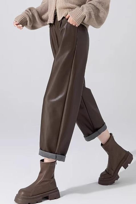 Slim Pu Leather Elastic Waist Straight Pants