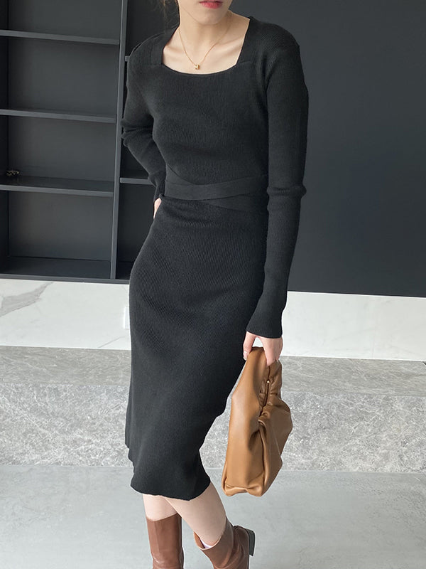 Simple Skinny Long Sleeves Color Square-neck Sweater Dresses