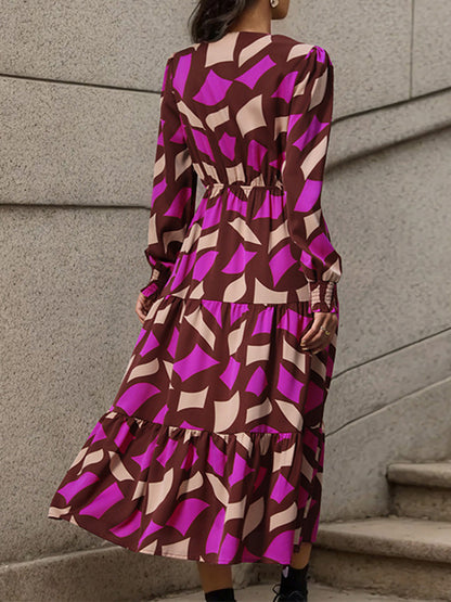 A-line Long Sleeves Buttoned Elasticity Pleated Printed Split-joint Tied Waist V-neck Midi Dresses