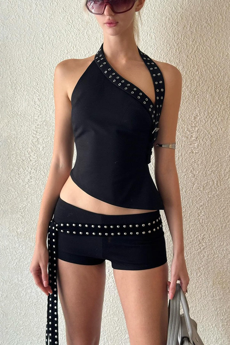 Asymmetric Shoulder Slim Shorts Two Piece Set