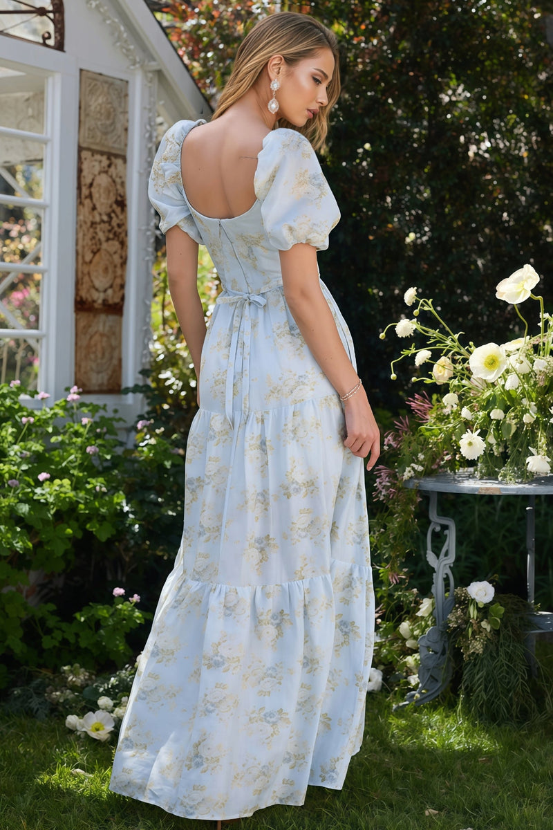 Wrenna Blue Printed V-neck Maxi Dress