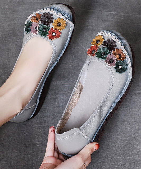 Grey Faux Leather Flower Splicing Flats Shoes