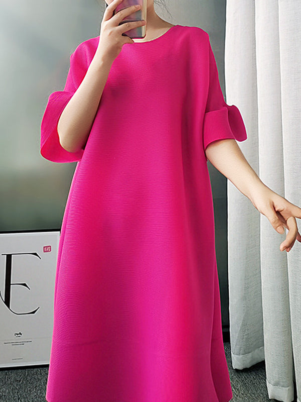 Stylish Selection Flared Sleeves A-line Pleated Color Round-neck Midi Dresses