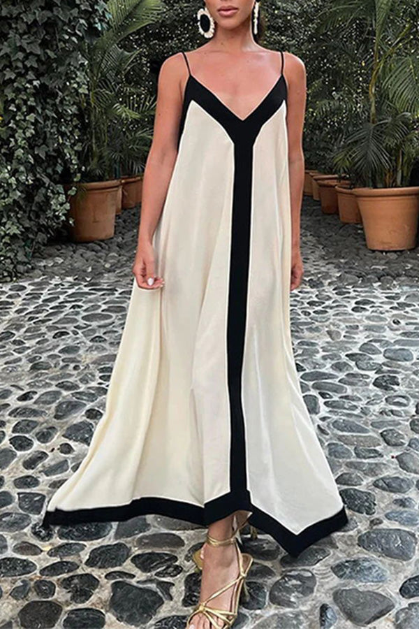 Traveling the Horizon Satin Colorblock Strap Loose Maxi Dress
