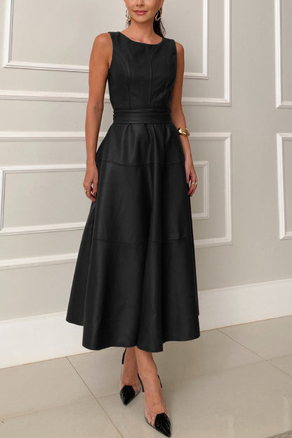 Ensemble Faux Leather Princess Line Back Zipper Umbrella Midi Dress