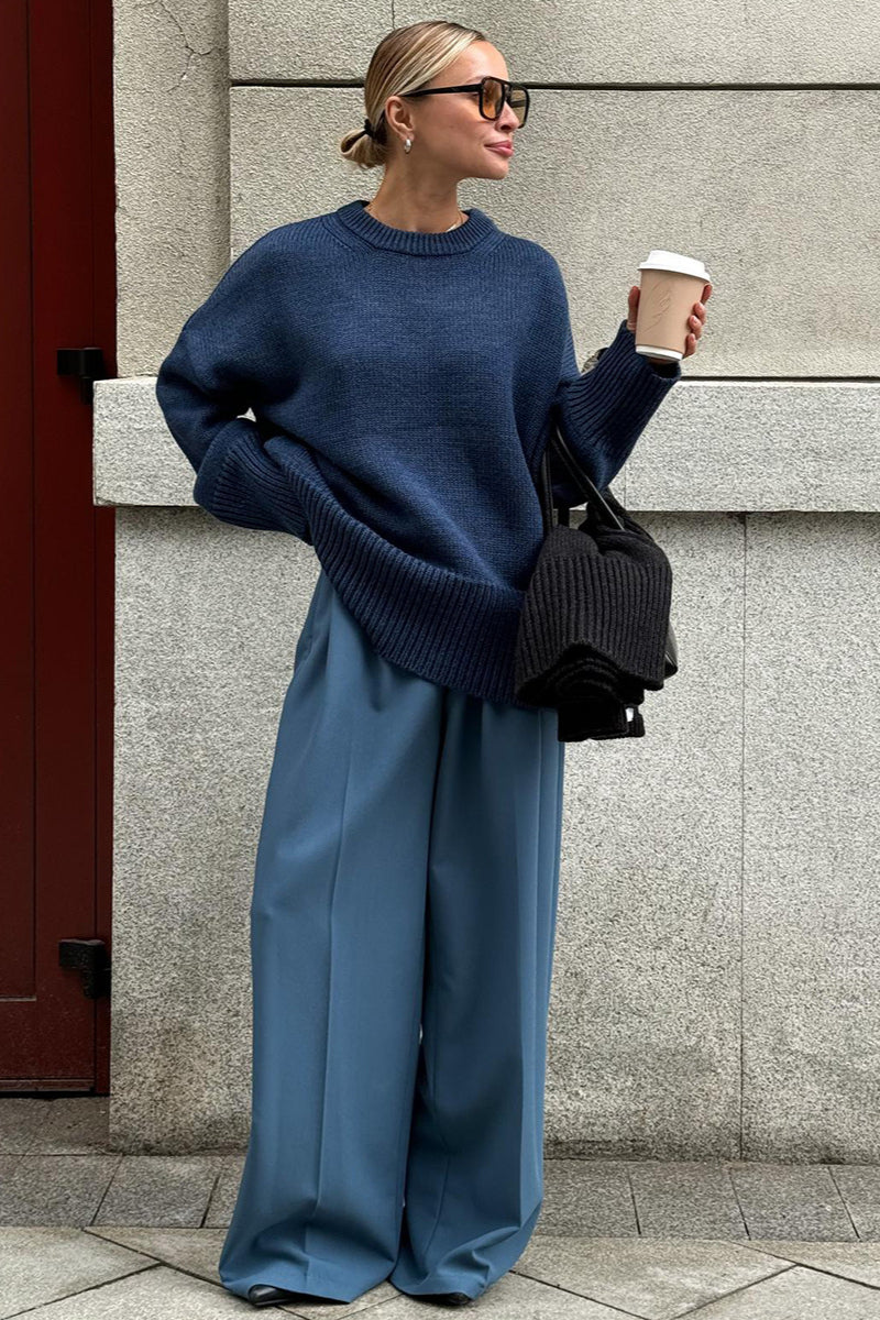 Color Relaxed Fit Crew Neck Knit Sweater