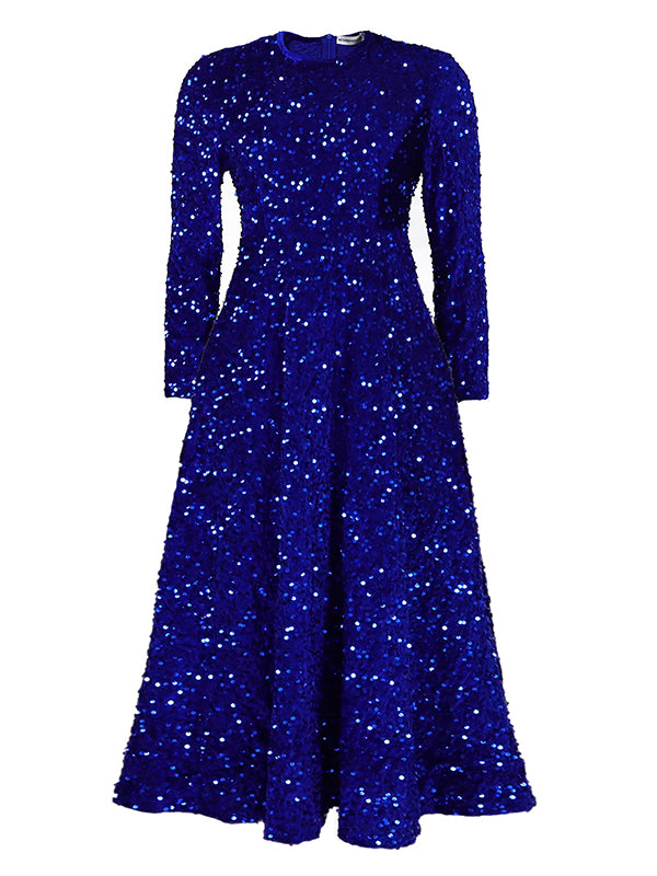 A-line High Waisted Sequined Split-joint Zipper Round-neck Maxi Dresses