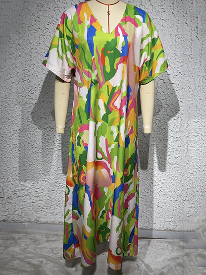 Loose Short Sleeves Contrast Color High-waisted Printed V-neck Maxi Dresses