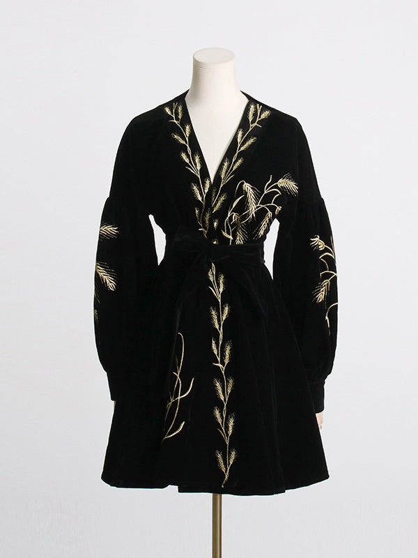 Loose Puff Sleeves Embroidered Tied Waist V-neck Mini Dresses