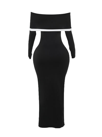 Bodycon Long Sleeves Contrast Color Split-joint Off-the-shoulder Evening Dresses Maxi Dresses