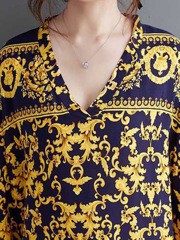 A-line Batwing Sleeves Printed V-neck Maxi Dresses