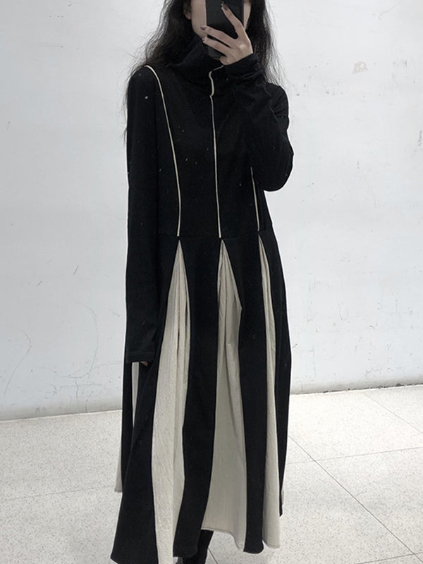 Original Contrast Color Split-joint High-neck Midi Dress