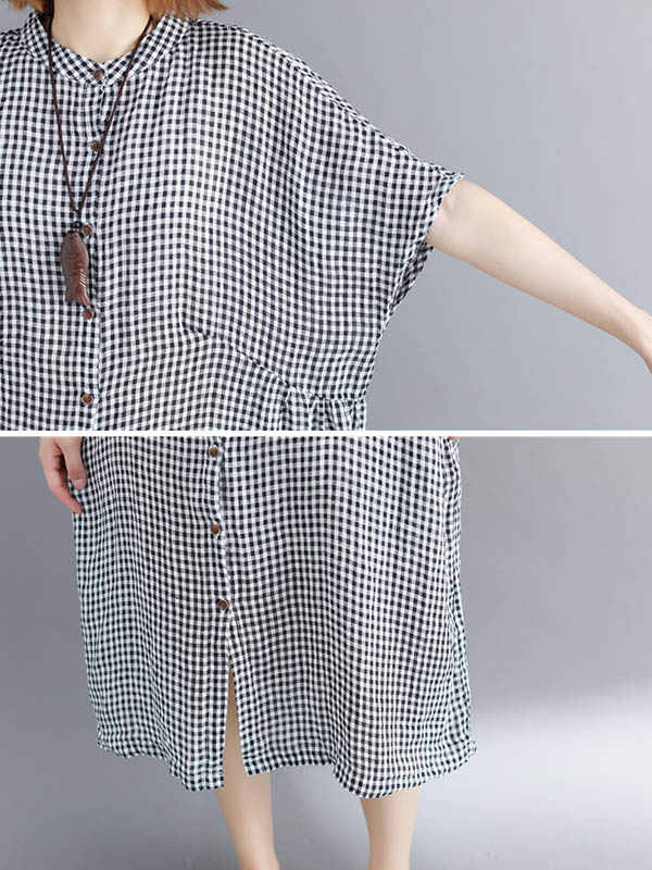 Artistic Retro Loose Split-joint Plaid Buttoned Stand Collar Half Sleeves Midi Dress