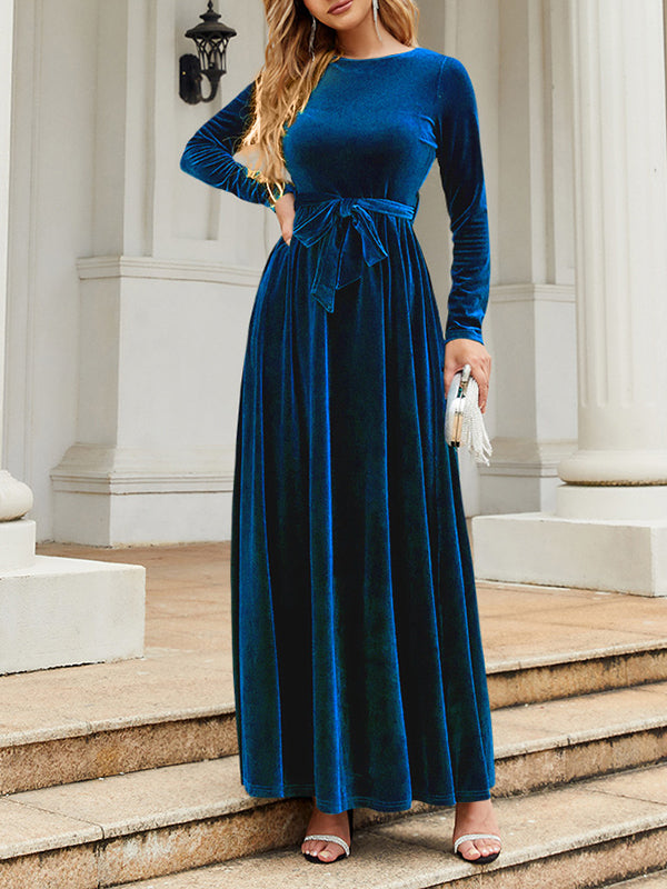 Long Sleeves Wrap Belted Pleated Color Zipper Round-neck Maxi Dresses