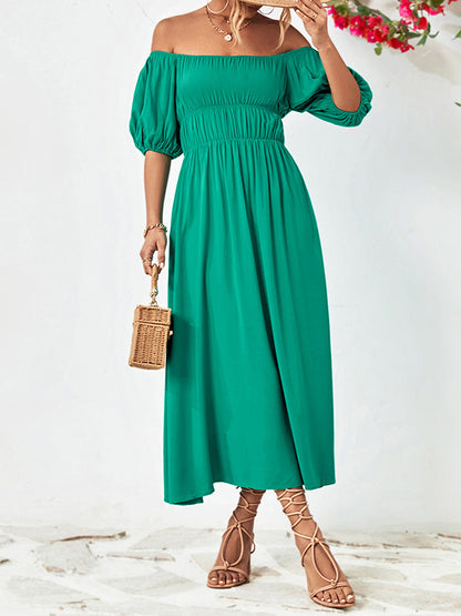 Loose Short Sleeves Color Off-the-shoulder Midi Dresses