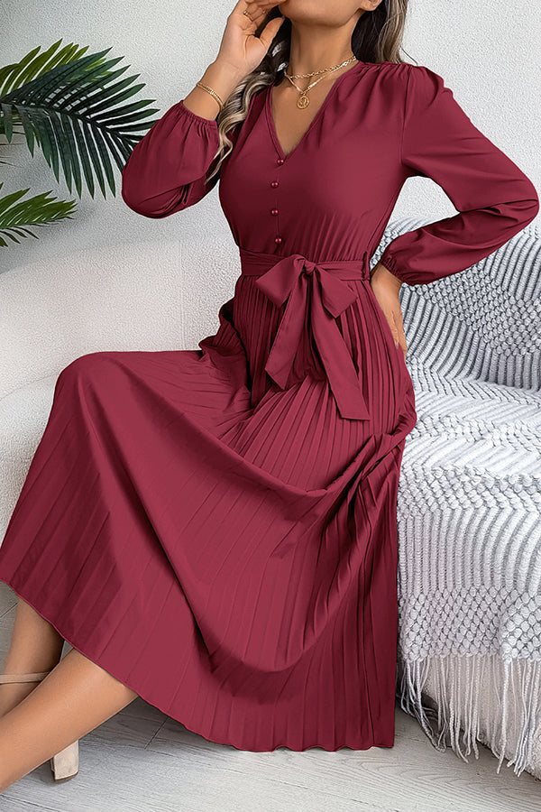 Color V-neck Buttoned Lace-up Pleated Maxi Dress