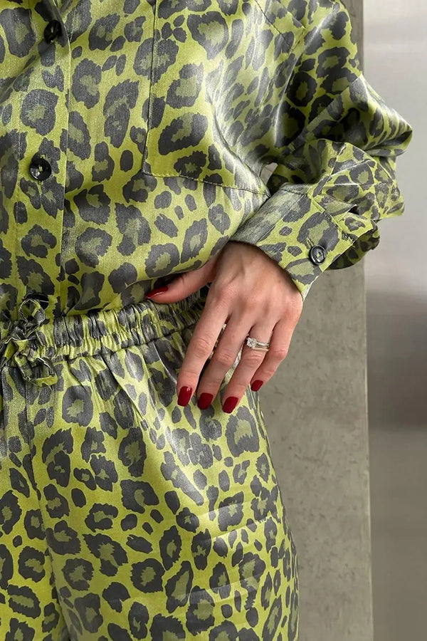 Leopard Print Long-sleeved Top and Loose Elastic Waist Tie Pants Set
