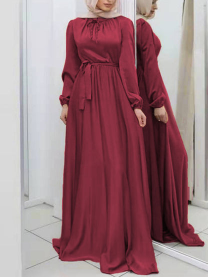 Long Sleeves Loose Pleated Color Tied Waist Maxi Dresses