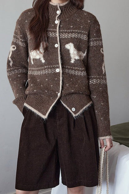 Stand Collar Puppy Print Jacquard Sweater