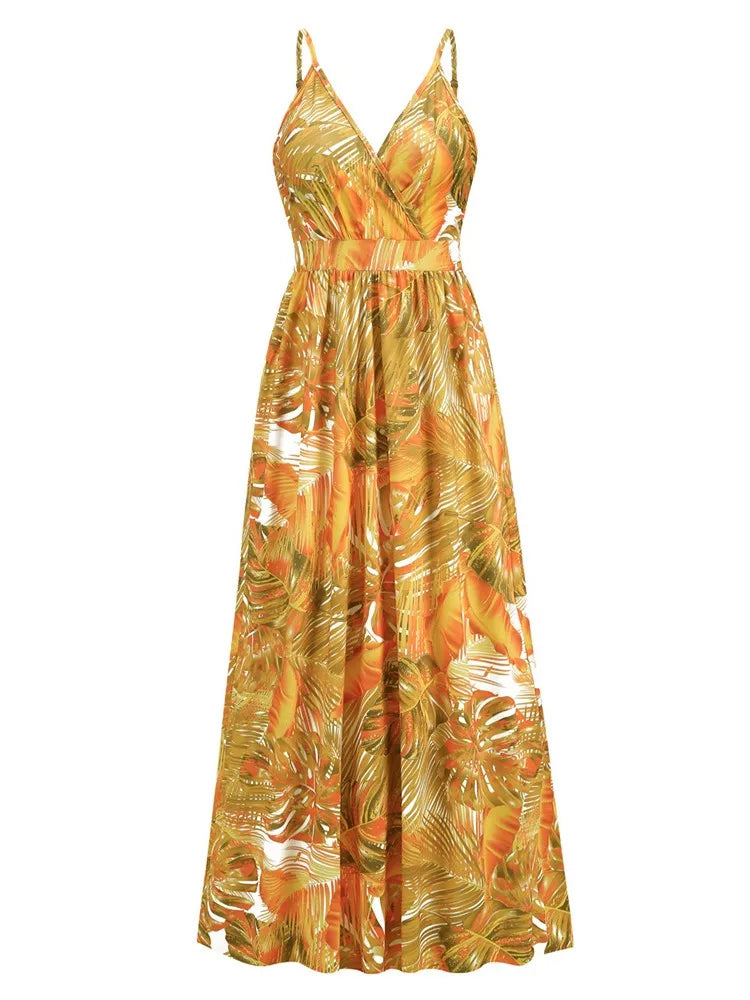 Style Print Spaghetti Strap Dresses V-neck Backless Beach Vacation Long Dress Female Vestido Summer New