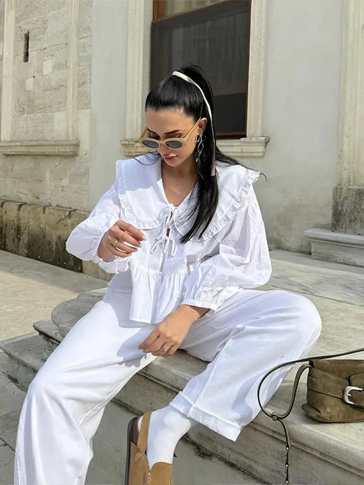 Lapel Doll Collar Shirts for Lantern Long Sleeve Lace Up Blouse Female Cropped Tops
