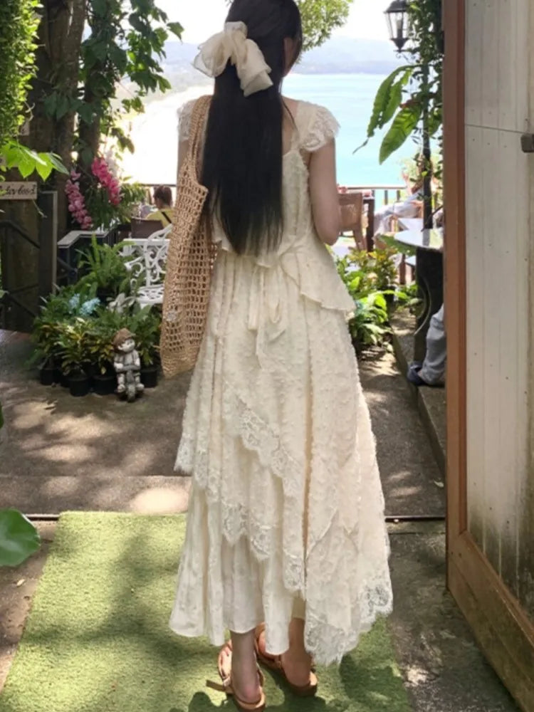 Korean Lace Midi Dress Spring Summer New A-line Ruffles Holiday Beach Dress Y2k Prom Robe Vestidos