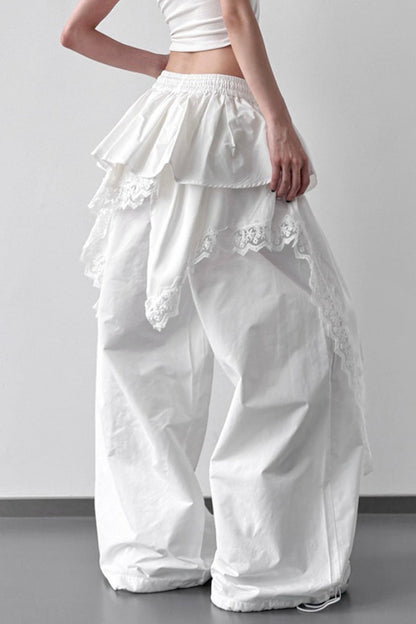 Lace Skirt Hem Trim Wide Leg Pants