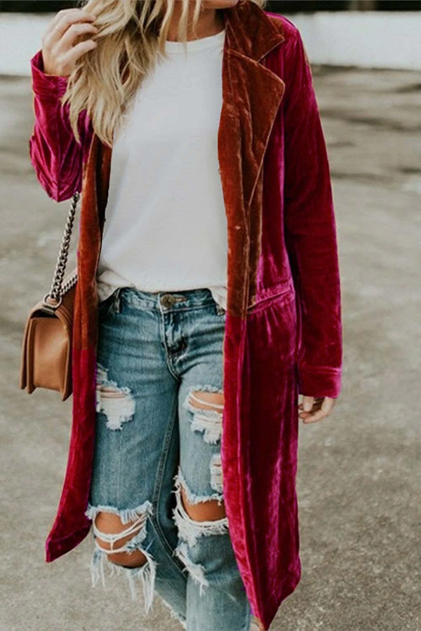 Velvet Lapel Pocket Long Coat