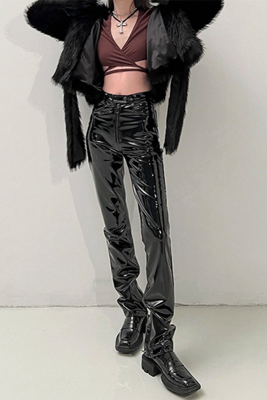 High Shine Pu Leather Slim Straight Pants
