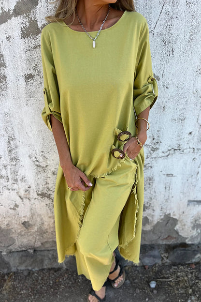 Jamilah Linen Blend Ring Detail Midi Blouse and Elastic Waist Pocketed Loose Pants Set