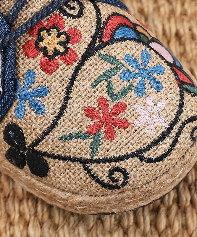 Retro Style Embroidered Lace Up Linen Flat Shoes