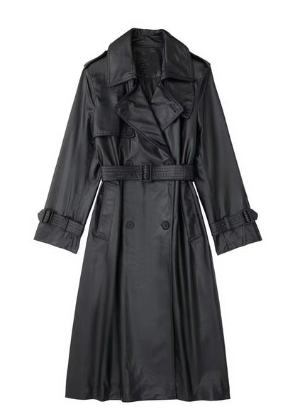 Black Belted Long Leather Wind Coat for