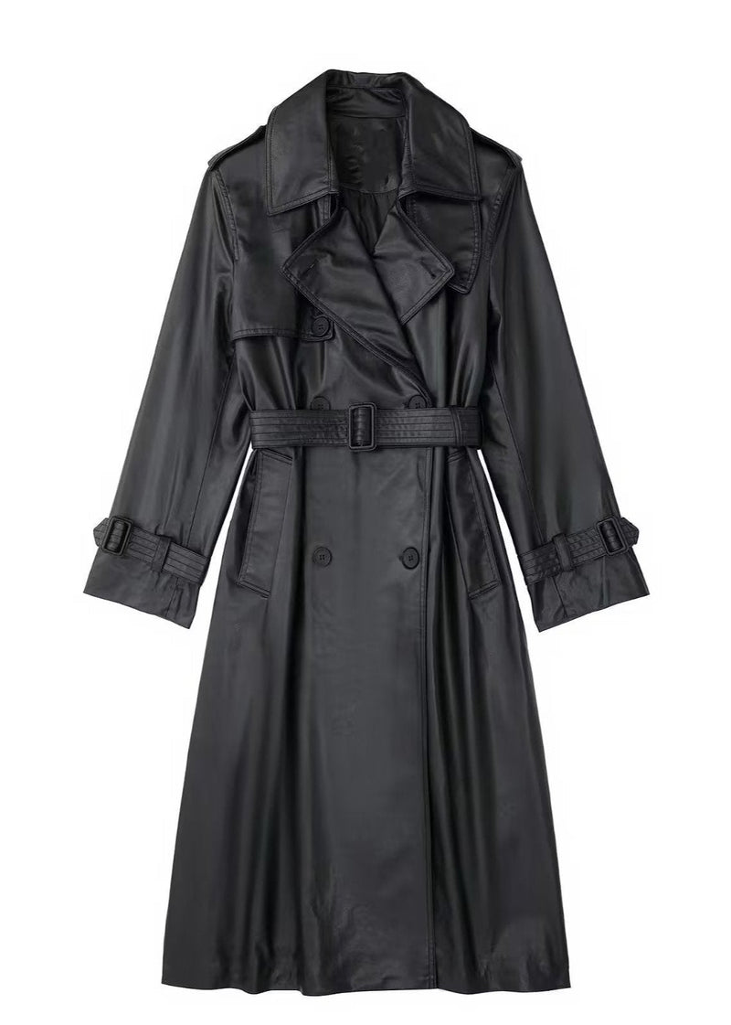 Black Belted Long Leather Wind Coat for