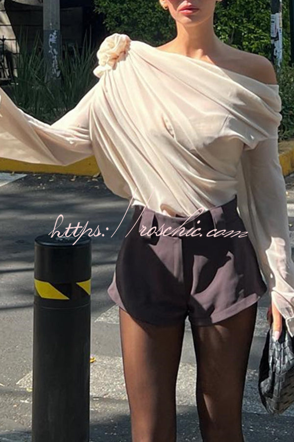 Three Dimensional Flower Tulle Off Shoulder Long Sleeved Blouse