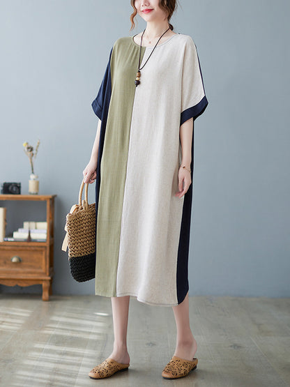 Half Sleeves Loose Contrast Color Round-neck Midi Dresses
