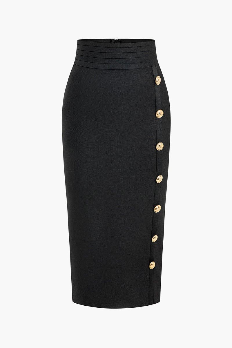 Color Knit Asymmetrical Button Skirt
