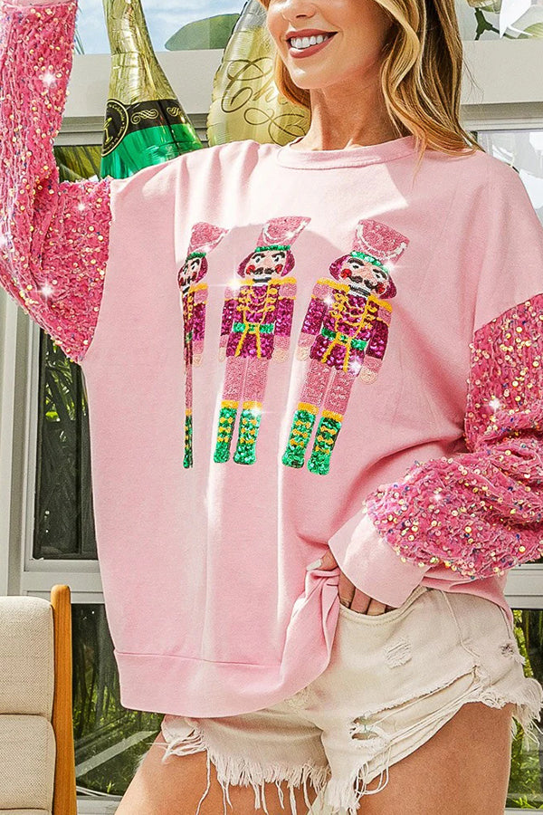 Christmas Loose Round Neck Sequined Sleeve Sweatshirt