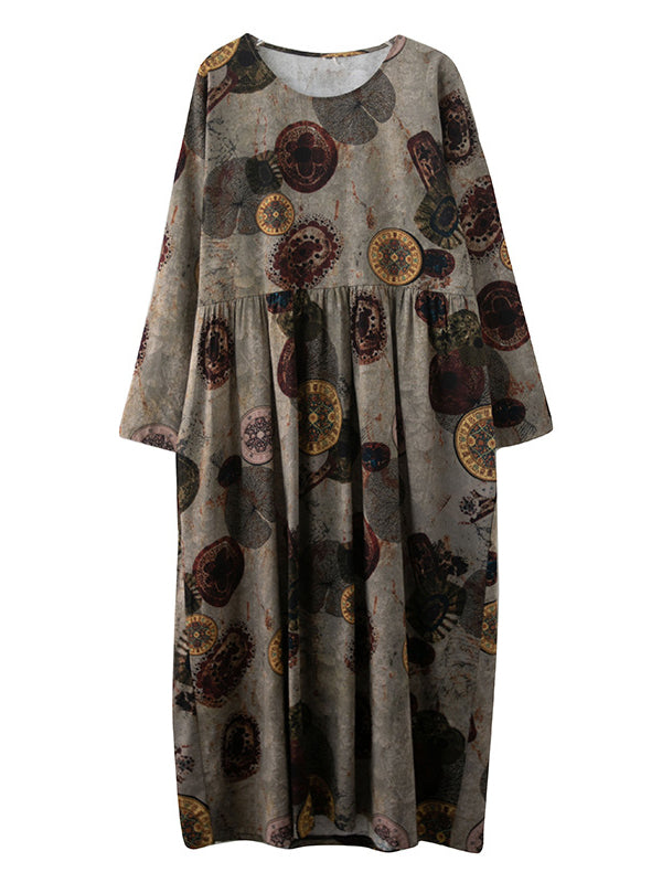 Artistic Retro Loose Long Sleeves Printed Round-neck Maxi Dresses