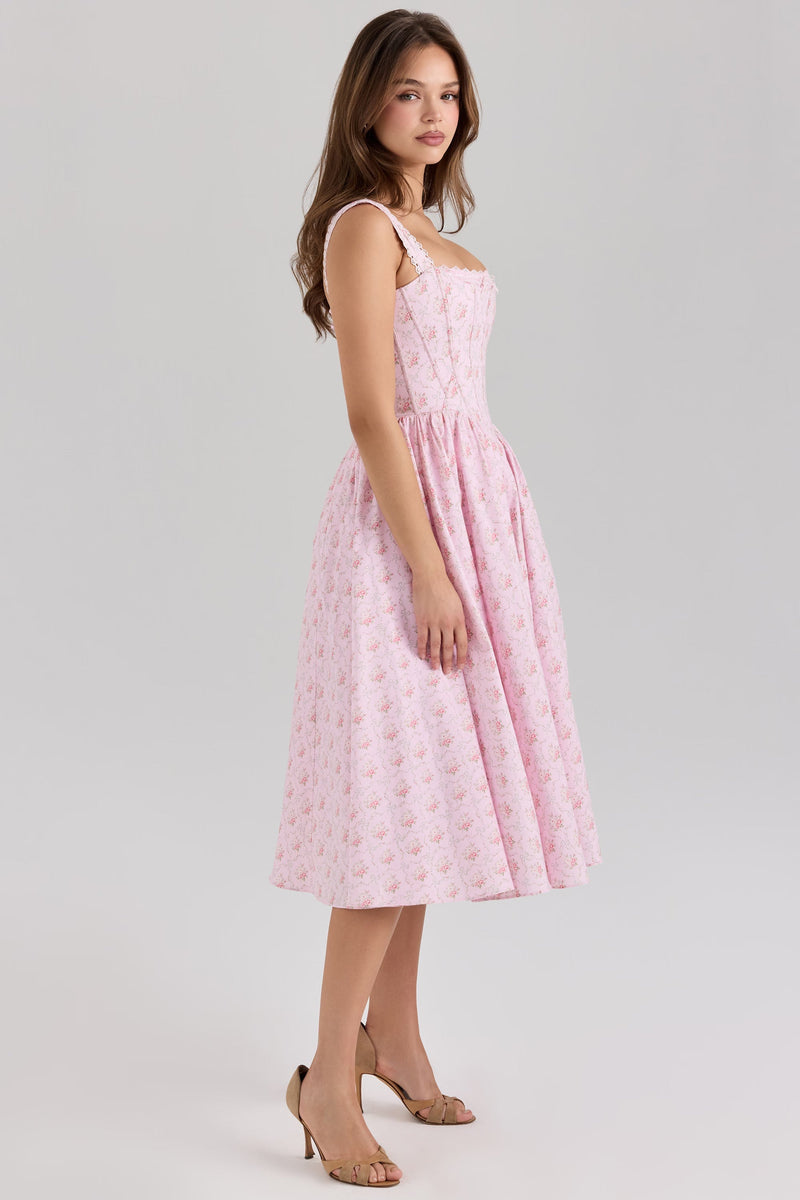 Elara Rose Dress — Pink Midi Dress With Corseted Bodice