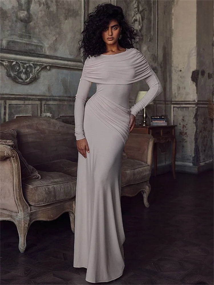 Autumn Patchwork Long Dress Female Slim High Waist Skinny Party Dress Gown Pleated Bodycon Dress