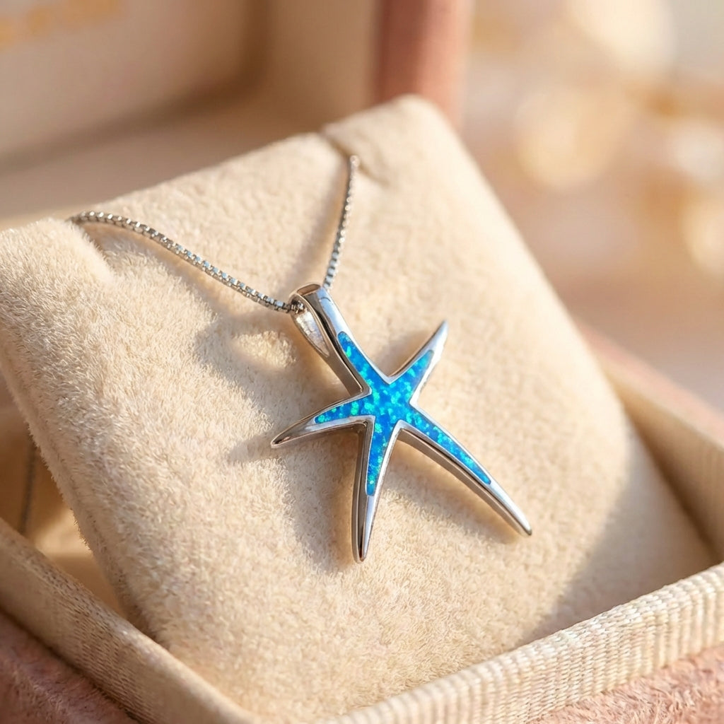 Blue Opal And Silver Starfish Necklace