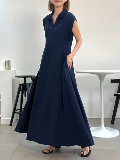 Loose Raglan Sleeve Pleated Color Lapel Maxi Dresses