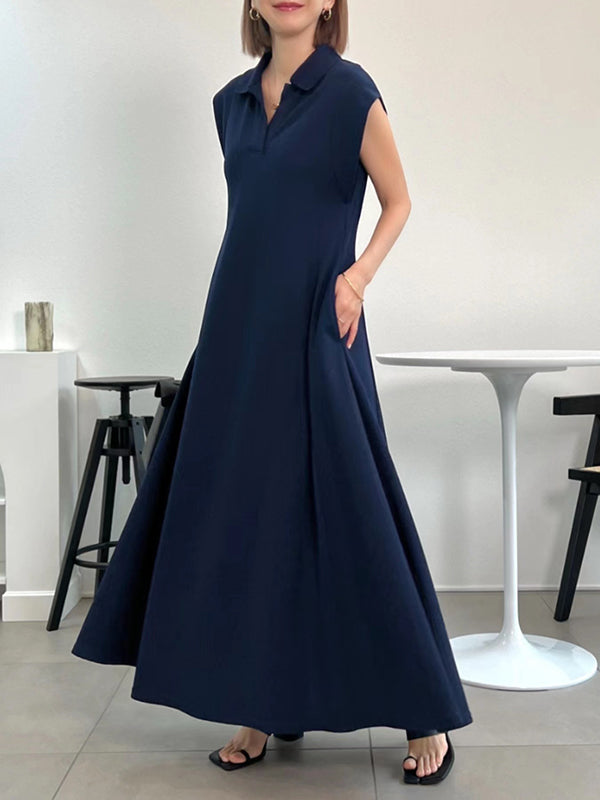 Loose Raglan Sleeve Pleated Color Lapel Maxi Dresses