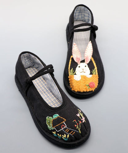 Black Embroidery Buckle Strap Splicing Flat Shoes for