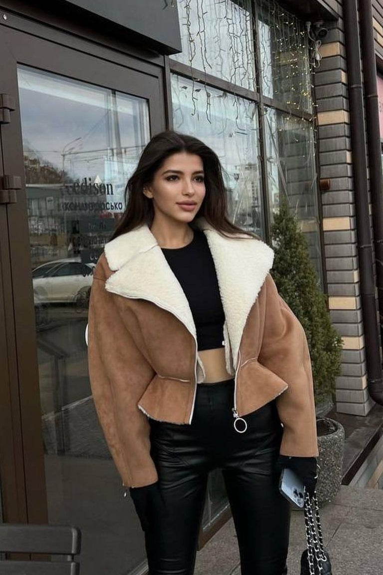 Odd Zip Leather Fur Pieced Coat