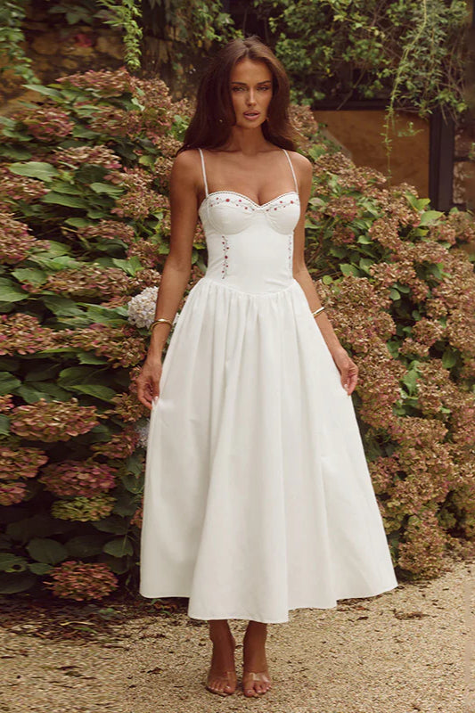 Embroidered Waist-cinched A-line Maxi Dress
