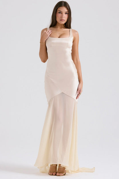Flowy Satin Chiffon Patchwork Cami Bodycon Maxi Dress
